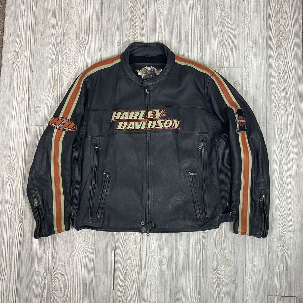 Harley Davidson Leather Motorcycle Jacket Men’s 3XL Racing Stripe Distressed Bik